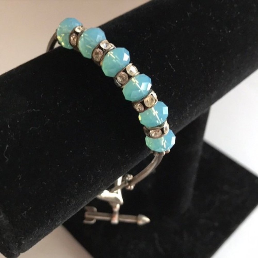 Vintage Handmade Pacific Opal Swarovski Crystal Curved Sterling Silver Bracelet